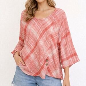 Habitat Pink Plaid Lightweight Button-Accent Blouse